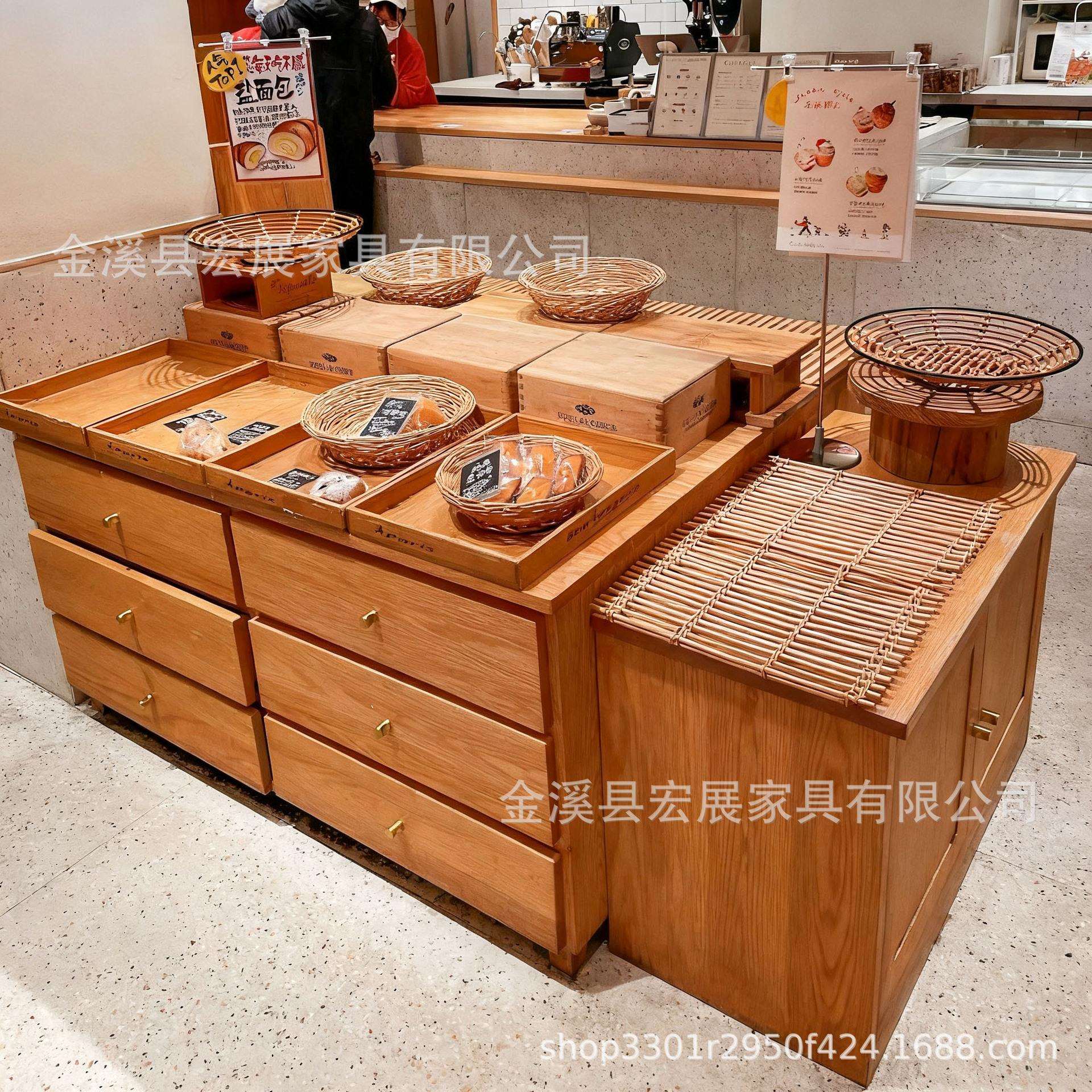 日式藤编面包展示柜中岛柜靠墙边柜烘焙店玻璃柜开放式网红陈列柜