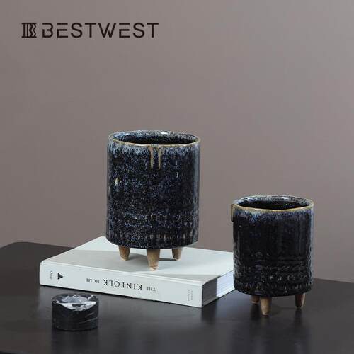 Best west 中式陶瓷做旧高脚陶瓷花瓶花器软装饰品插花瓶桌面摆件