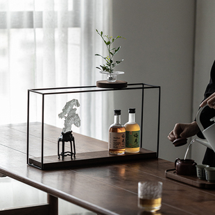 日式 简约侘寂风茶具茶杯收纳展示架铁艺黑胡桃木置物架花器