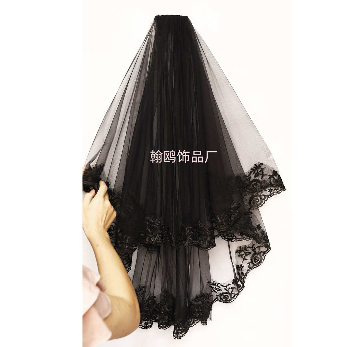 黑色头纱短款蕾丝花边头饰鬼新娘婚服女巫万圣节派对拍照面纱双层