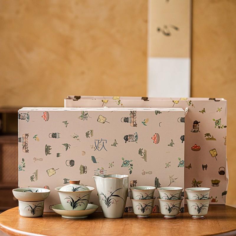 国潮风草木灰手绘兰花盖碗茶盘套装釉下彩陶瓷茶具办公室套组
