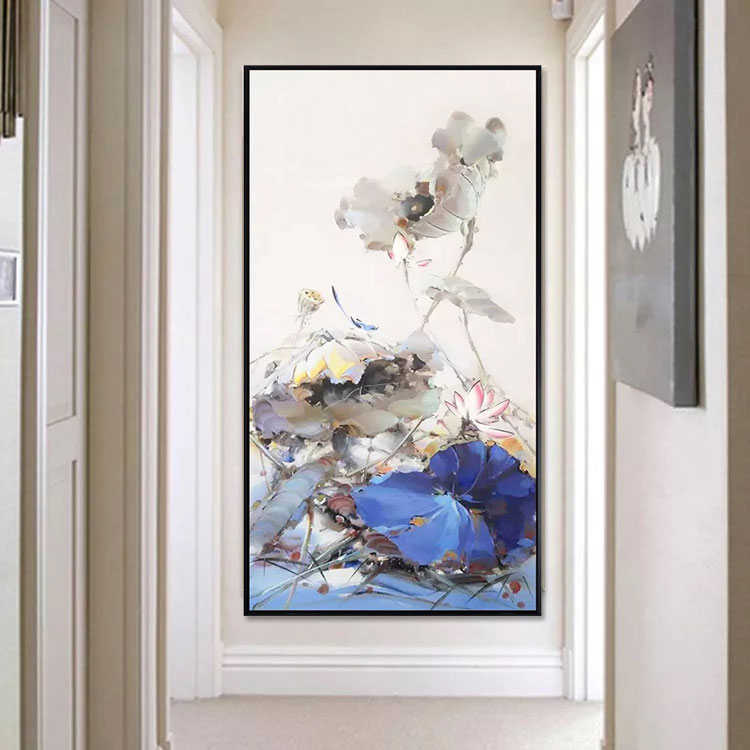 新中式荷花连连手绘版装饰画竖现代挂画油画客厅好事简约大型《》图片