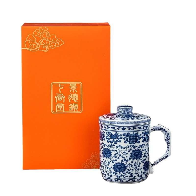 景德镇青花八宝陶瓷泡茶茶杯茶水分离办公过滤带盖瓷杯子家用单杯