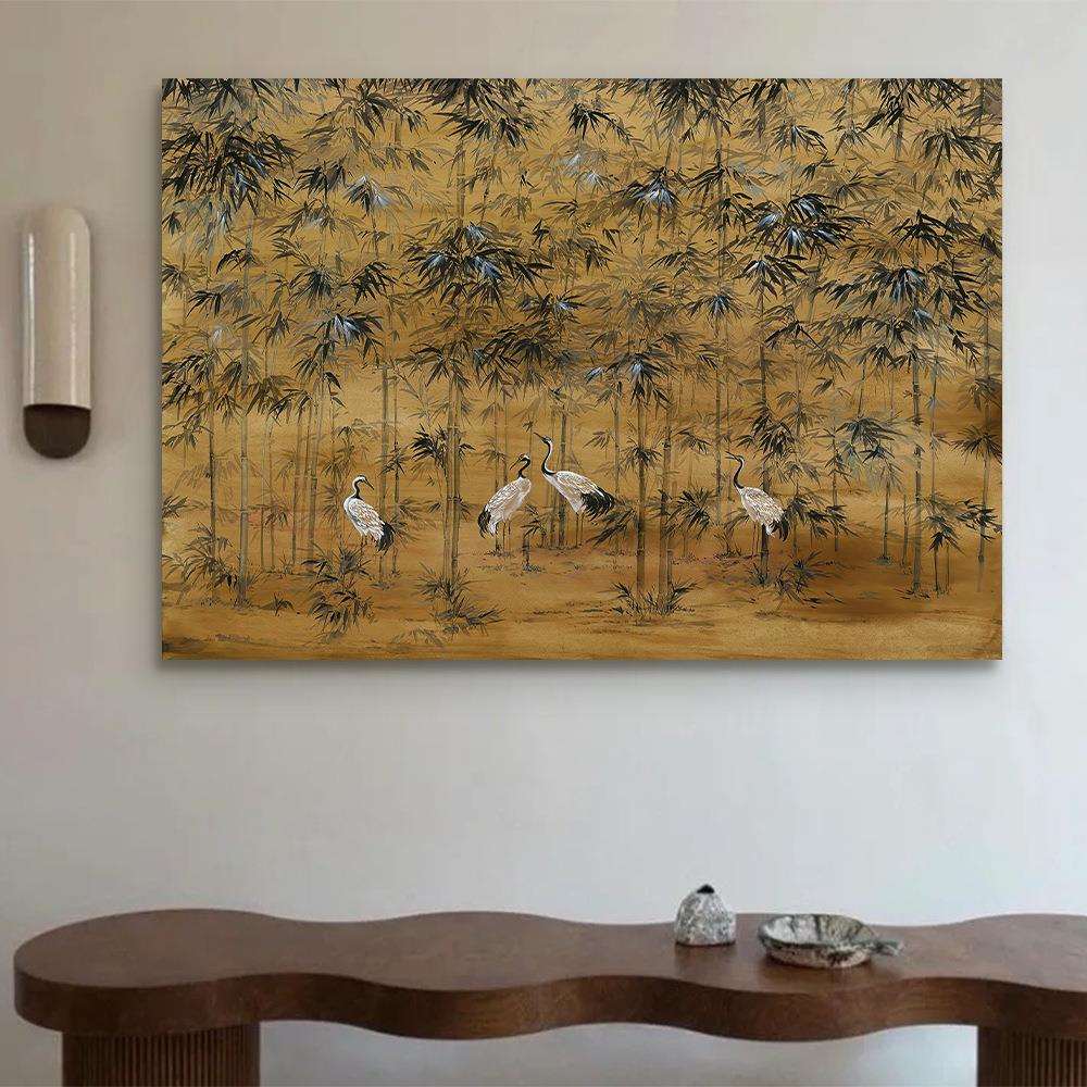 新中式白鹤墨竹图客厅装饰画东方美学入户玄关画大幅无框方形壁画