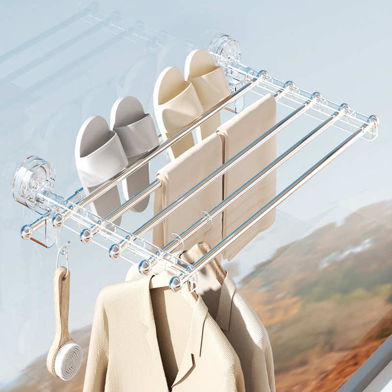 鞋架多功能家用晾晒架窗户子打孔晒免阳台壁挂吸盘晾衣架可折叠式