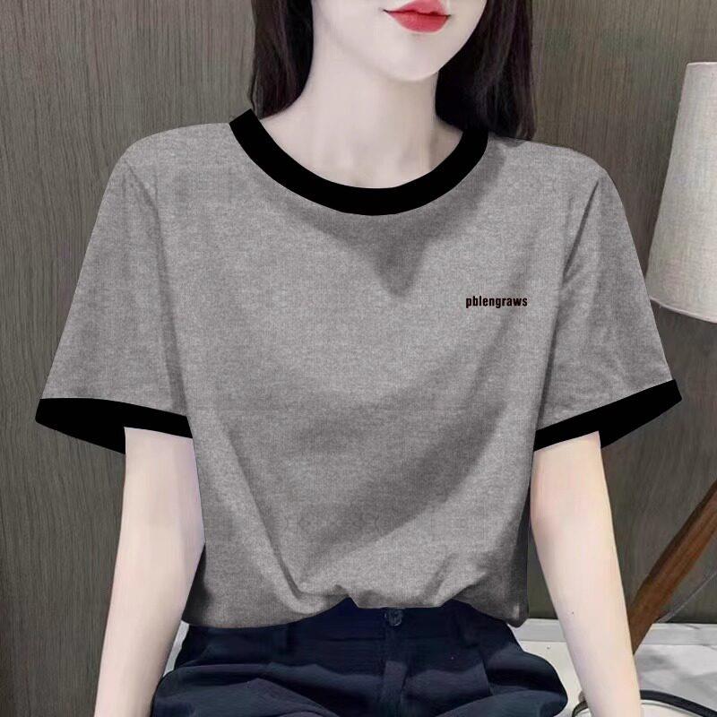 灰色拼色短袖T恤女士2025夏季新款欧货宽松显瘦圆领印花体恤上衣