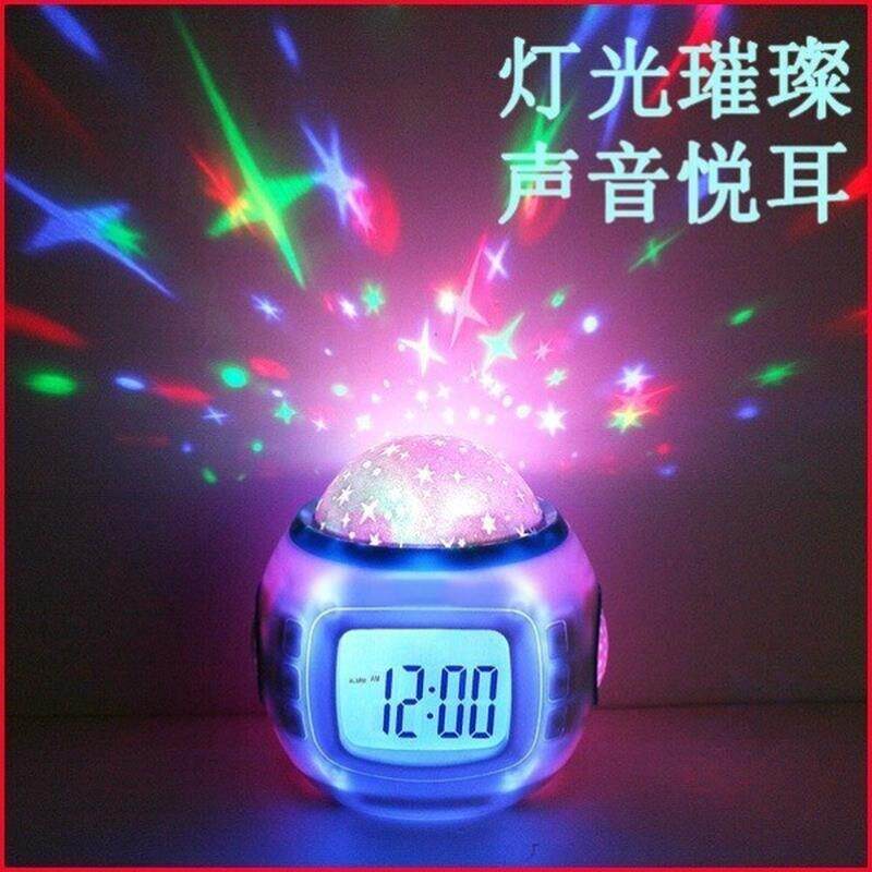 新款创意投影闹钟七彩夜灯音乐星空投影夜灯儿童学生专用电子闹钟