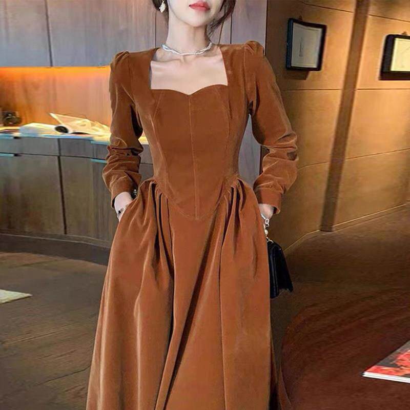 法式覆古赫本风金丝绒洋装女春秋新款胖妹妹大尺码名媛晚礼服长裙