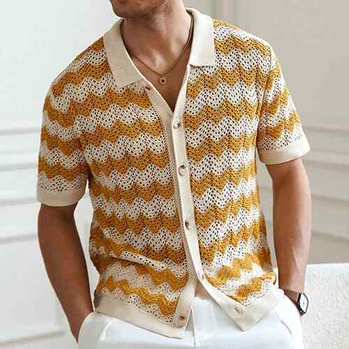 Men's Retro Hong Kong-Style Wavy Openwork Knit Polo Shirt