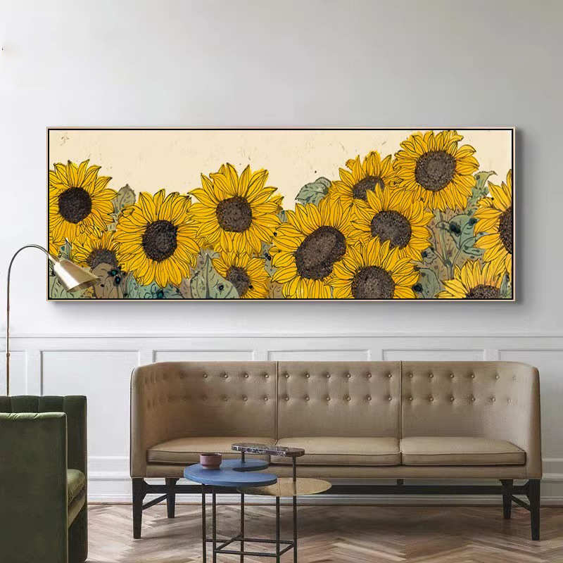 新中式向日葵卧室床头装饰画荷花中国风客厅沙发墙挂画原木风壁画图片