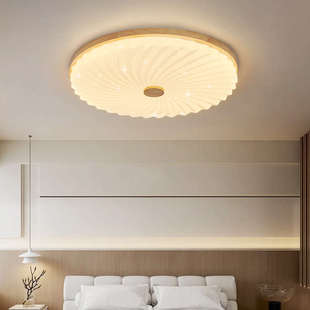 原木圆形卧室吸顶灯2025年新款 田园风民宿房间木艺灯现代简约灯具