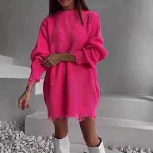 sleeved loose mid Knitted sweater long length neck ripped