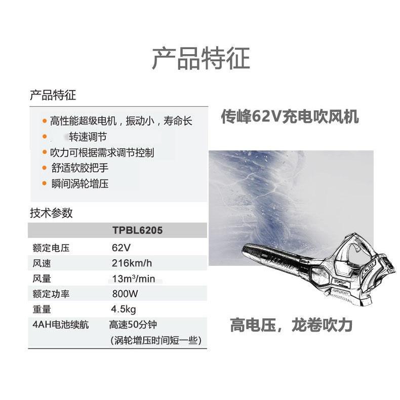 传峰62V大功率鼓风机 手提无线锂电吹树叶机 充电式工业吹风机