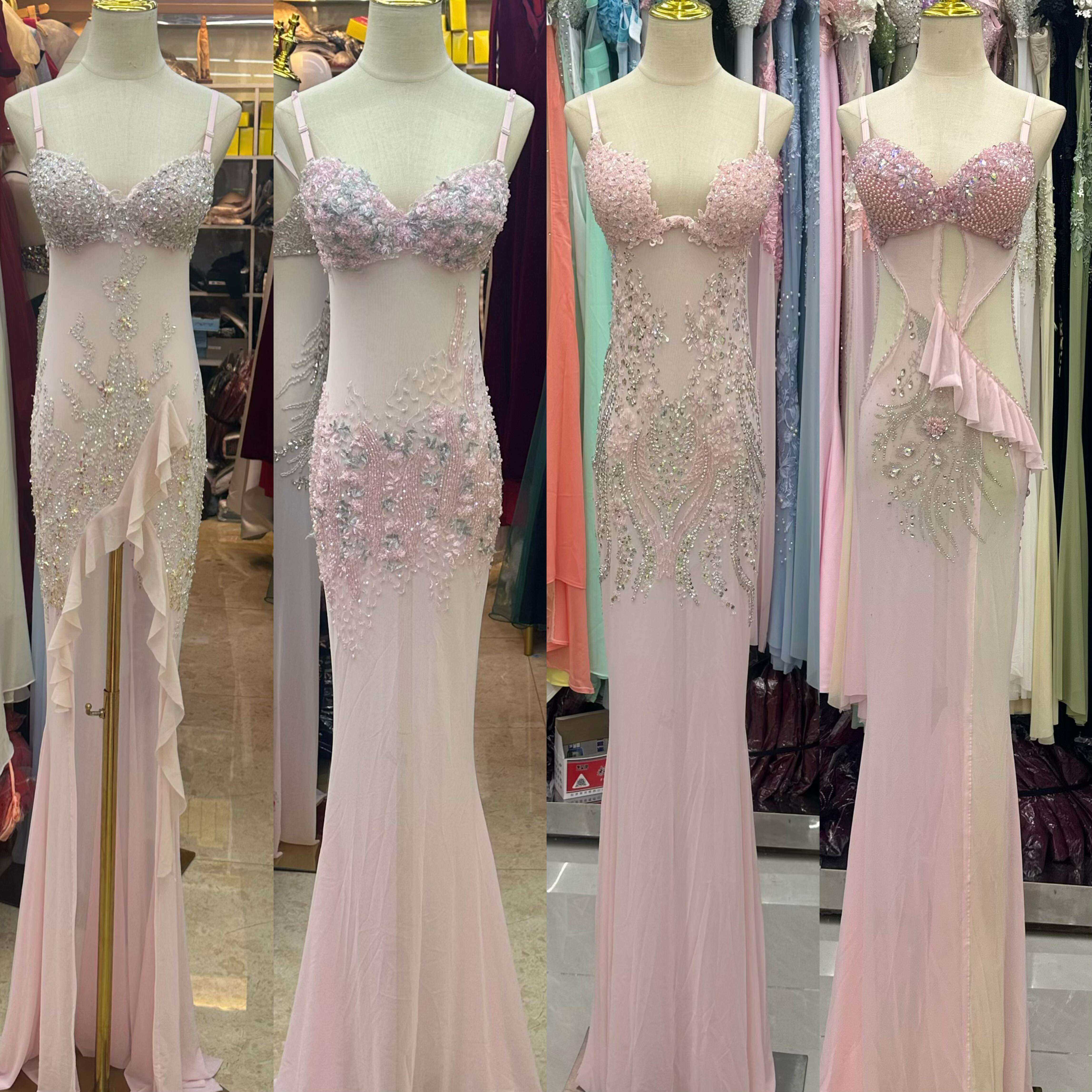 粉色文胸晚礼服超显胸大透视性感夜店酒吧ktv走秀演出服佳丽足浴