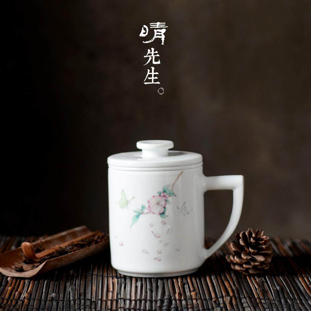 景德镇手绘陶瓷粉彩瓷玲珑茶漏杯老板杯茶水分离过滤杯茶杯办公杯