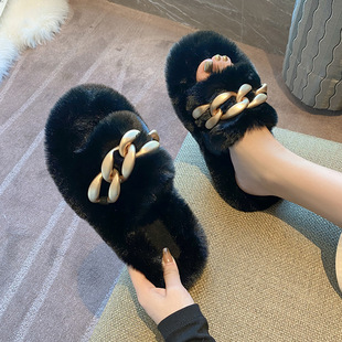 爆款毛毛拖鞋女冬季外穿2026新款链子高级感网红厚底毛绒棉拖春秋