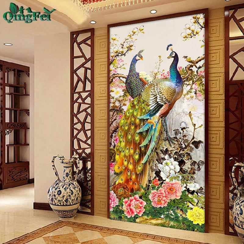 青飞精准印布锦绣繁华玄关图十字绣情侣孔雀线绣挂画越南柬埔寨