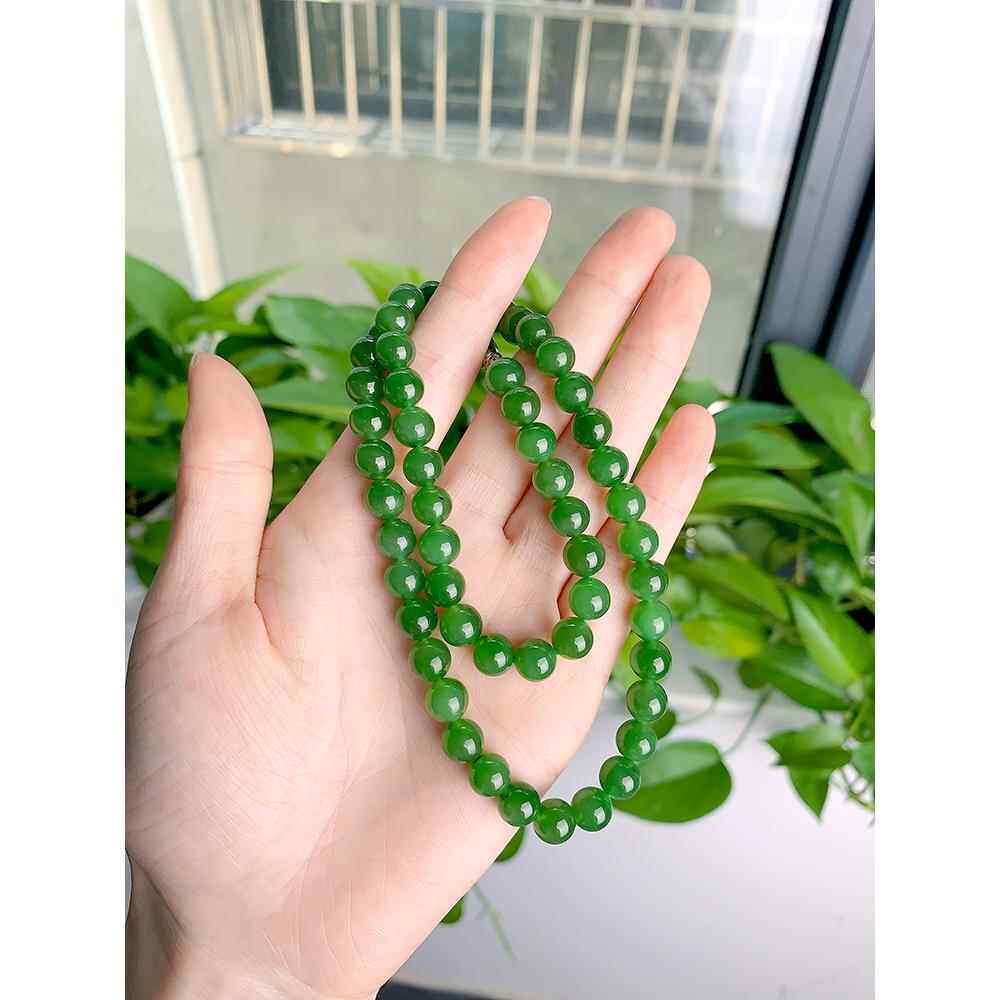 新疆和田玉碧玉项链女款8mm玉珠子项链圆珠菠菜绿项链少黑点玉石