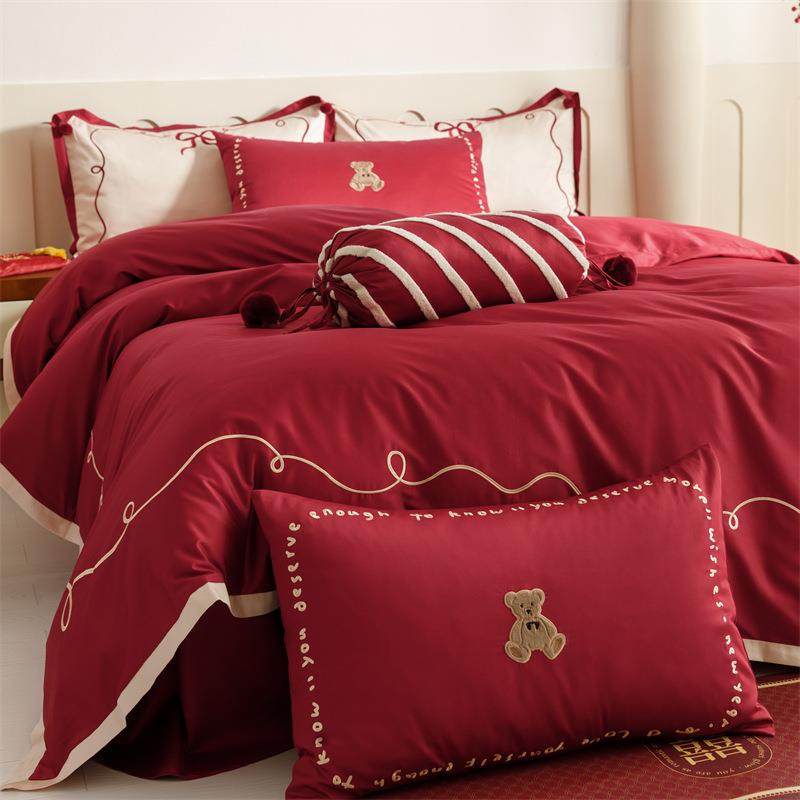 浪漫婚庆100支长绒棉四件套刺绣纯棉结婚被套红色床单1.5床上用品