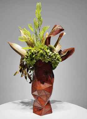 新植中式仿红色花器客餐桌茶几真花绿装饰HKB厅样板房售楼处酒店