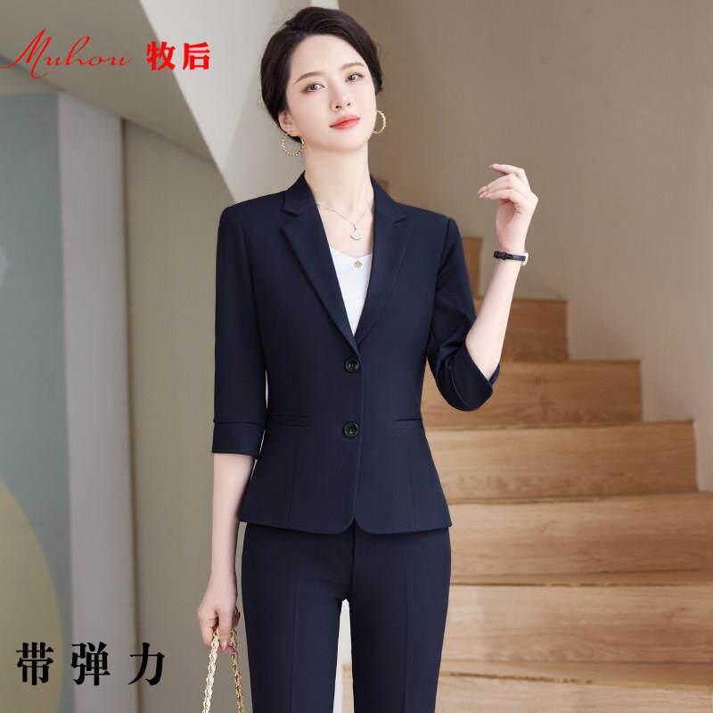 职业西装套装女弹力工作服七分袖西服春夏新款中袖酒店工装薄款黑