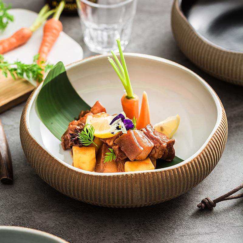 厂家创意粗陶日式复古轻奢深碗装汤碗摆盘碗意境菜酒店餐厅用陶碗