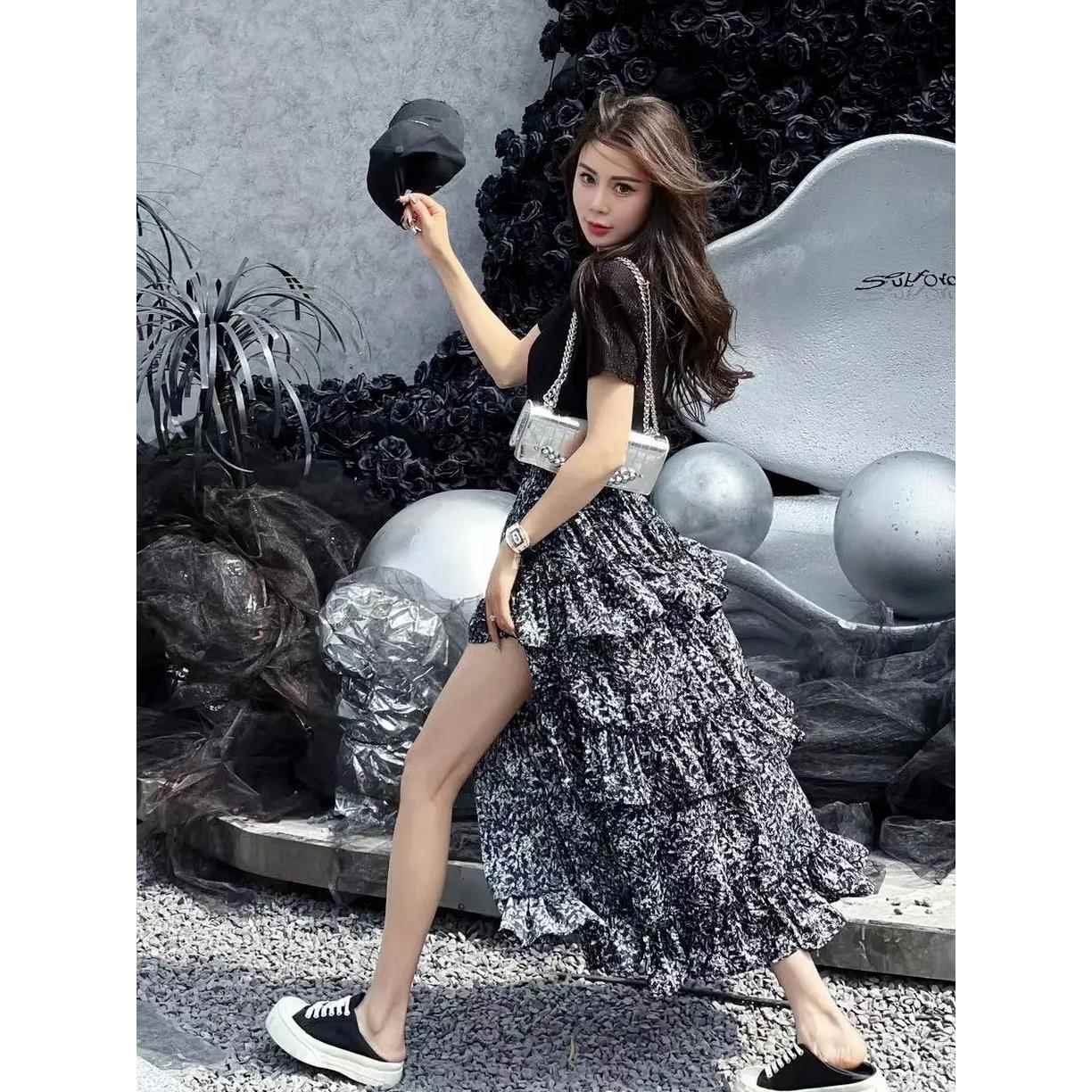 碎花半身裙女欧货高开叉高腰A字蓬蓬蛋糕裙短款短袖T恤长裙两件套
