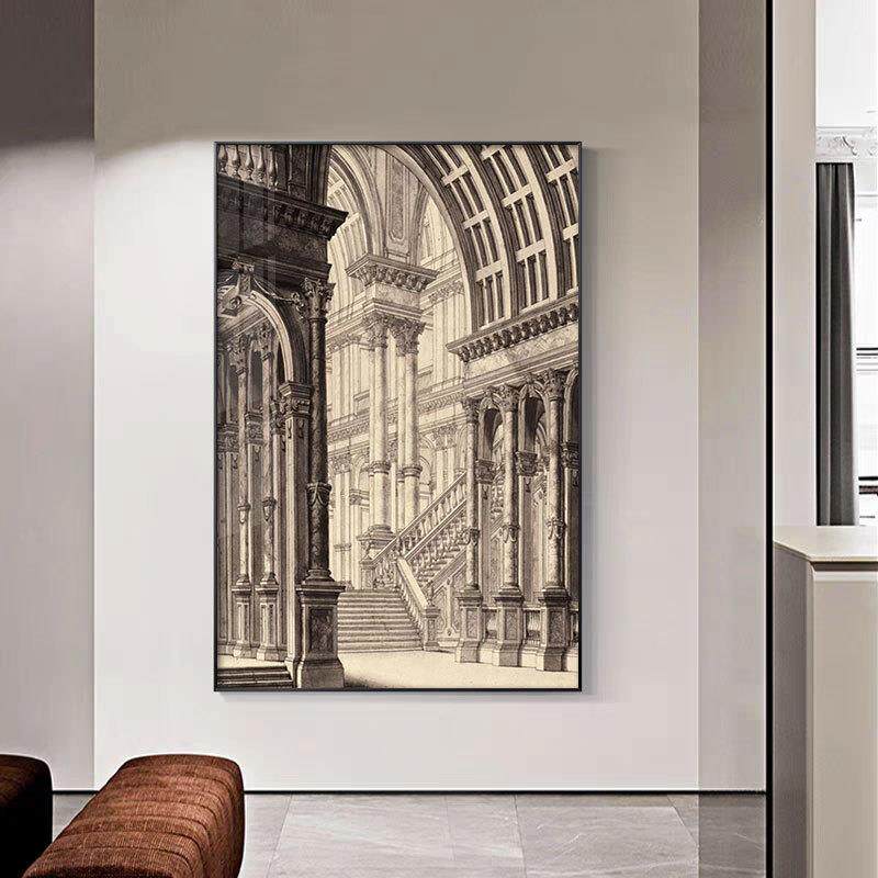 城市古建创筑卧落地装饰C-354画黑白艺简术风景素描意现代约客厅
