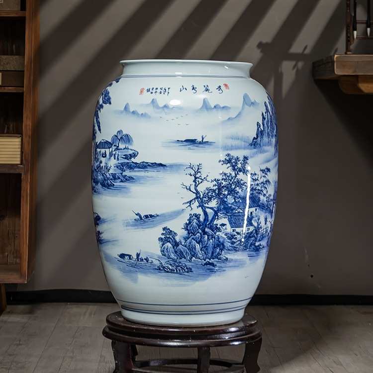 景德镇陶瓷中式落地书画卷轴缸客厅仿古大号花瓶书房收纳装饰摆件