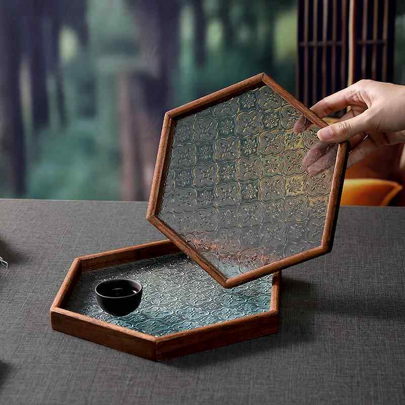 胡桃色覆古海棠压花玻璃托 托盘杯子收纳盘茶接水盘家用点心水果