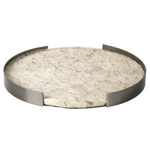 设计师轻奢皮革不锈钢仿马毛圆形托盘摆件客厅玄关酒店软装 饰品 装