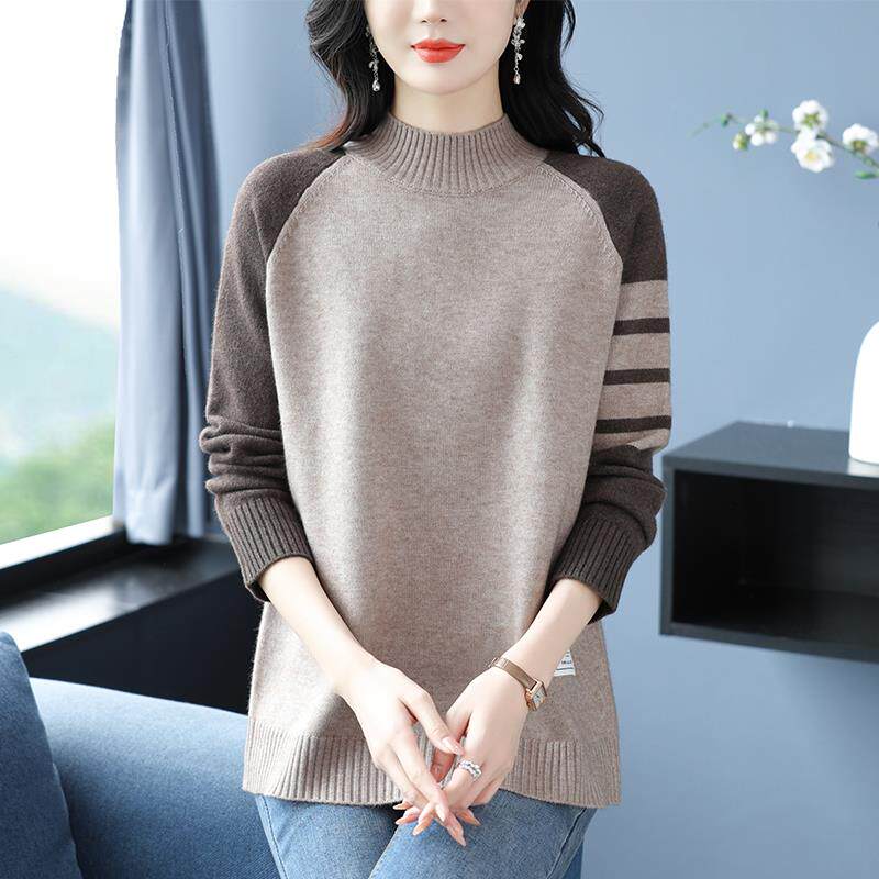 中老年女性加厚羊毛毛衣显瘦拼色圆领 套头插肩袖休闲风