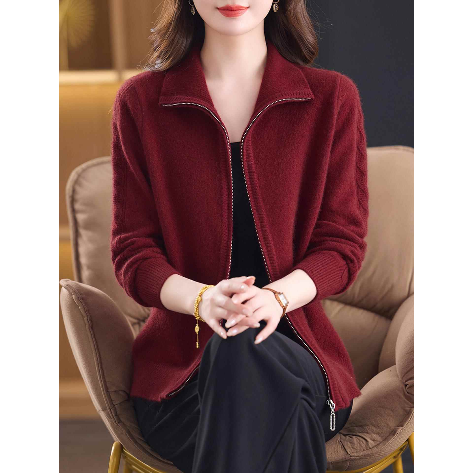 %纯羊毛开衫女秋冬加厚妈妈拉炼立领毛衣外套2025新款保暖上衣