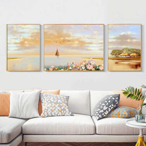 北欧风客厅装饰画唯美花海沙发背景墙挂画现代简约高档三联画壁画