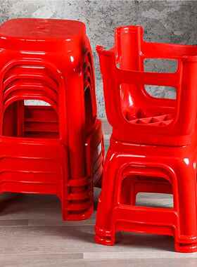 小板凳家用大红色加厚抗摔四方椅成人餐厅塑料高凳子可叠放换鞋凳