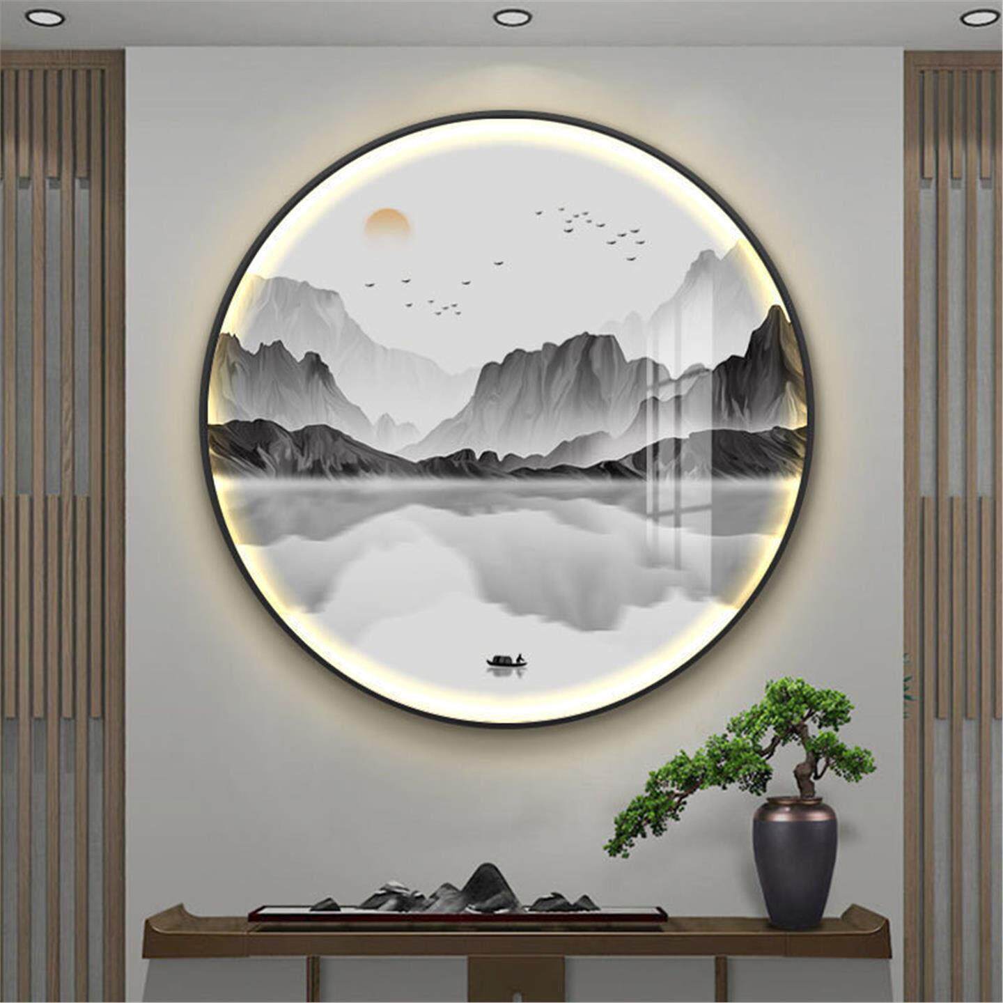 圆形灯画新中式玄关书房背景装饰画水墨风景意境山水茶室圆挂画