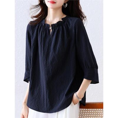 欧货大码圆领五分袖衬衫女秋季新款休闲百搭遮肉胖妹妹洋气上衣