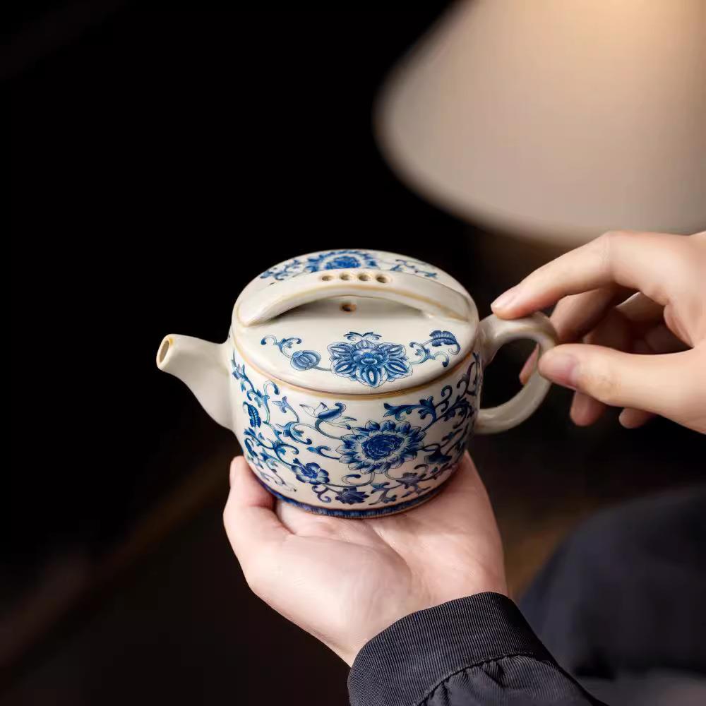 汝窑青花缠枝莲汉瓦陶瓷茶壶泡茶家用冰裂开片汝瓷功夫一人用单壶