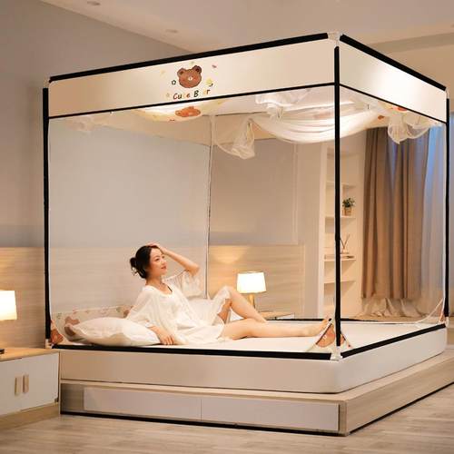 新款卡通款坐床式蚊帐床笠款儿童防掉床三开门蚊帐加厚支架批