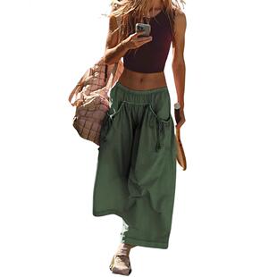 Women Leg Track Pants Drawstring Pockets Elastic Waist Capri