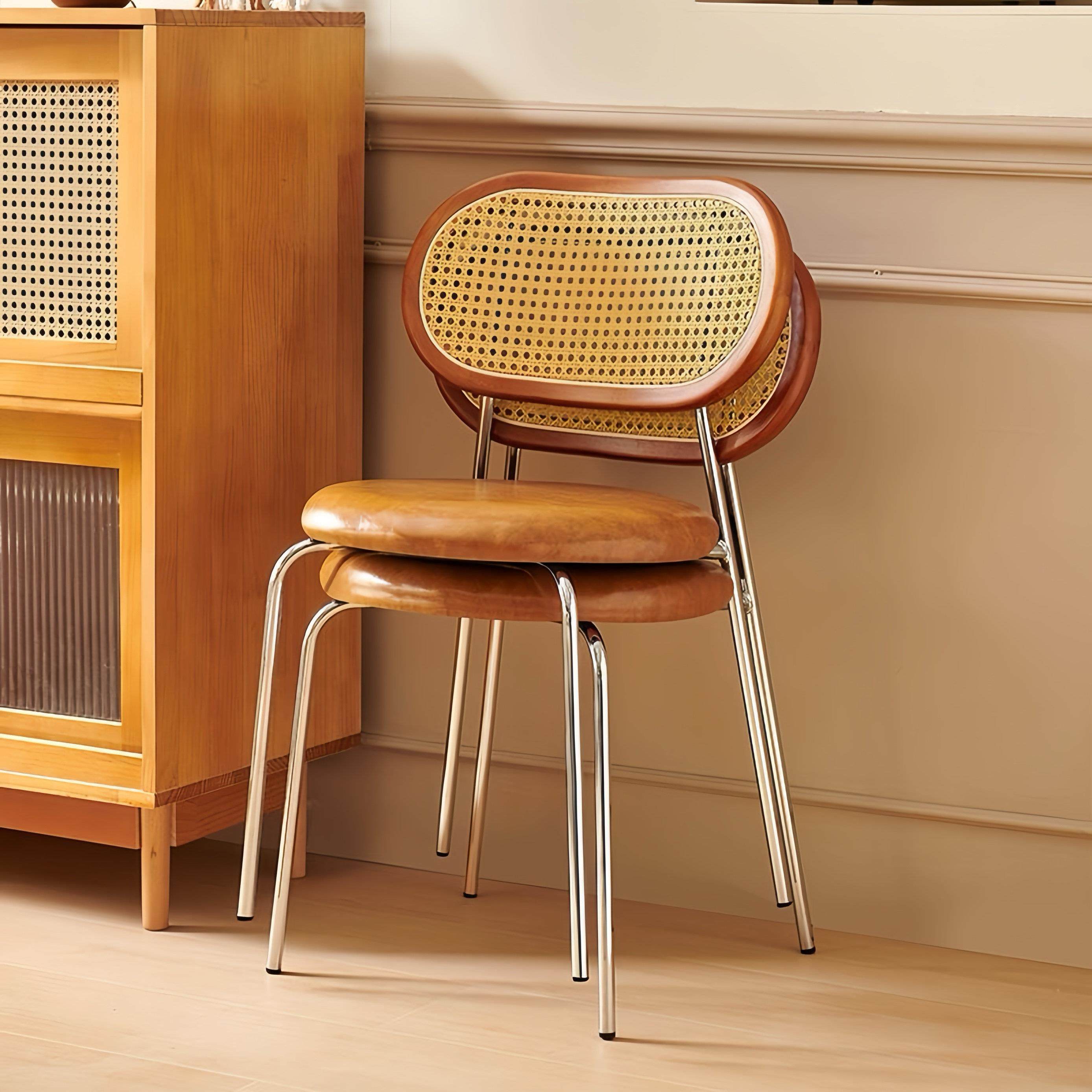 北欧覆古家用藤编餐椅可叠放实木餐桌椅民宿餐厅靠背椅中古风椅子,住宅家具,餐椅,淘宝优惠券,粉丝福利购,淘宝优惠卷