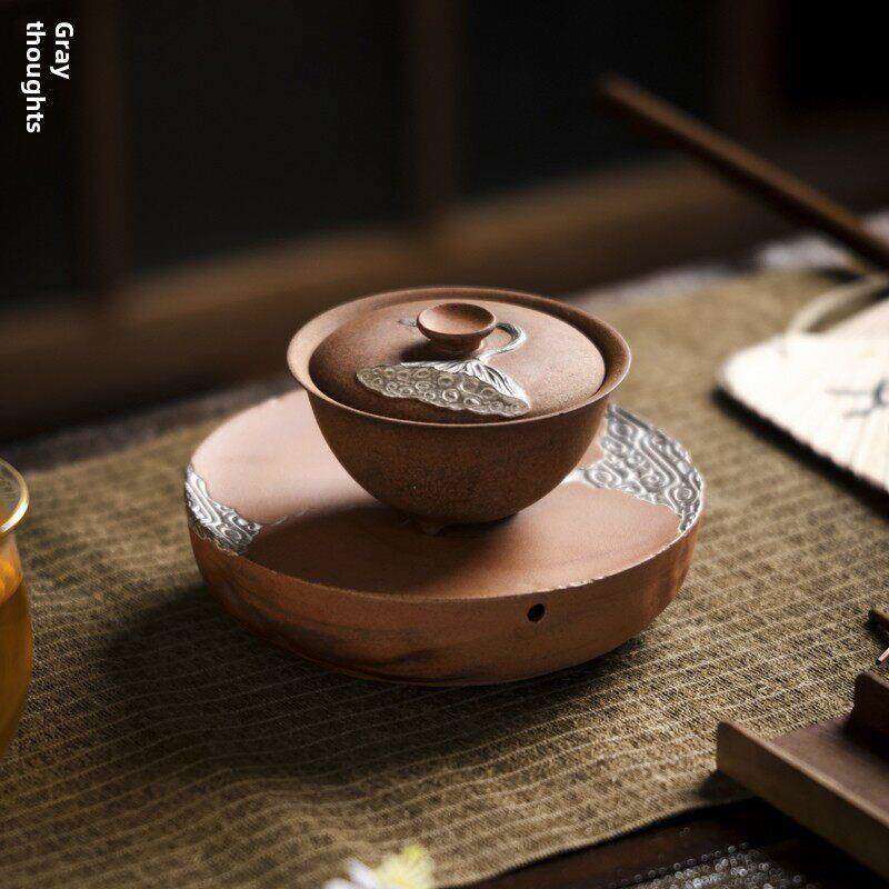 灰念盖碗老岩泥手工覆古粗陶家室用描银莲蓬盖碗小田甄选茶器