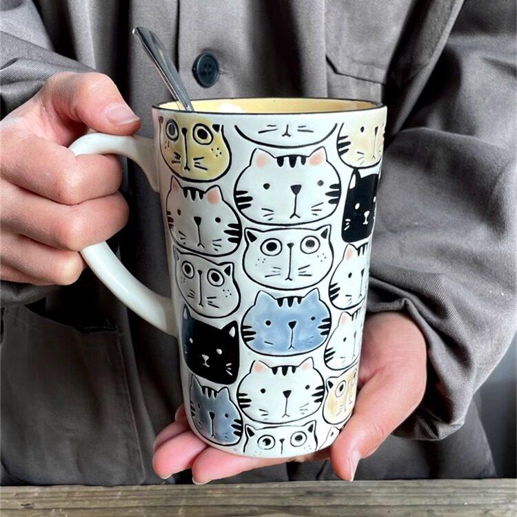 好看的猫咪杯内黄色手绘釉下彩牛奶杯早餐可爱情侣杯喝水杯大容量