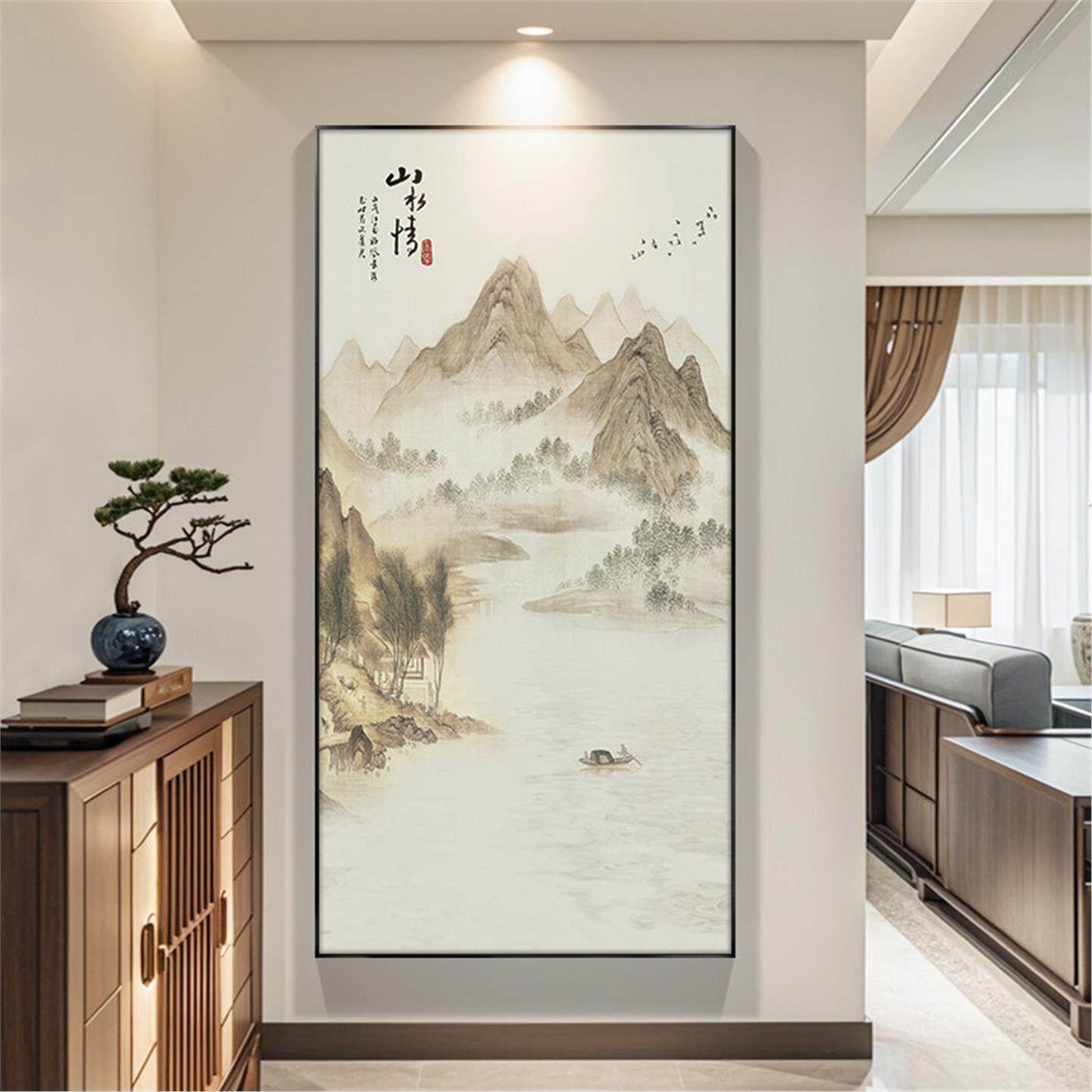 新中式山水装饰画客厅玄关背景墙挂画走廊过道竖版茶室风景壁画
