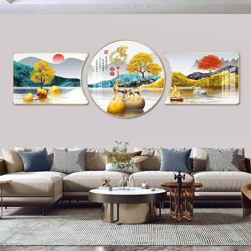晶瓷水晶客厅装饰画新中式挂画现代简约山水壁画免打孔时尚墙画