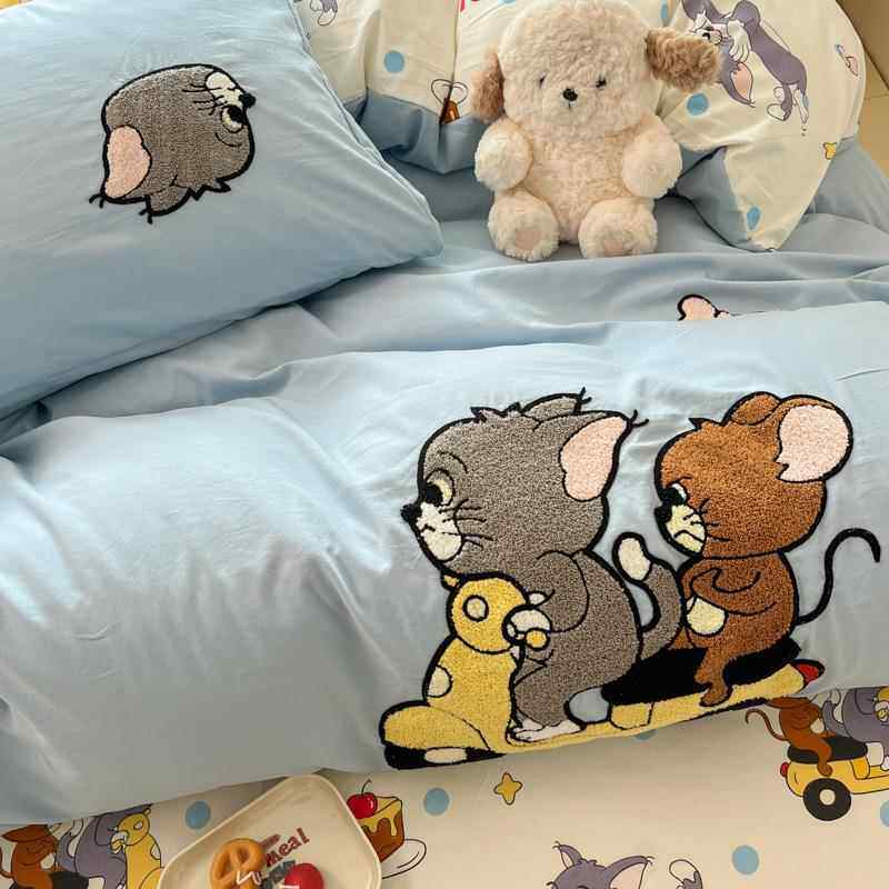 汤姆四KT猫毛巾学卡通床上绣件套生宿舍纯水洗棉被套SCF床单款三