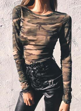 Semi-Sheer Mesh Camo Print T-Shirt Womens 2025 Summer New