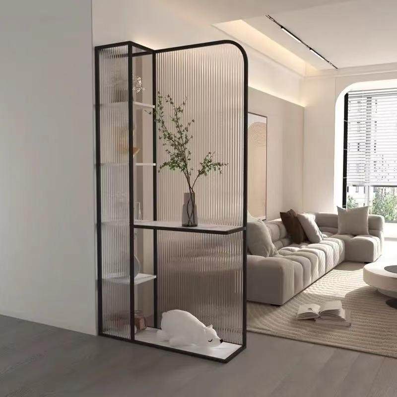 简约屏风现代进门客厅玄关柜屏风沙发入户对门水纹玻璃隔断置物架