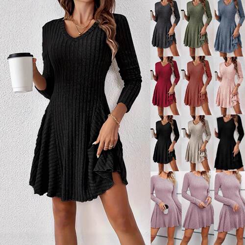 Women's Plain Lettuce Trim V Neck A Line Dress Casual Long