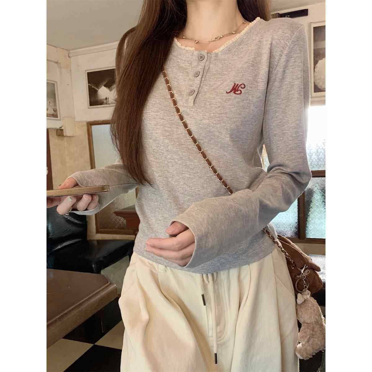 花边半开领上衣2026春秋刺绣长袖内搭打底衫假两件T恤女0118w,女装/女士精品,T恤,淘宝优惠券,粉丝福利购,淘宝优惠卷